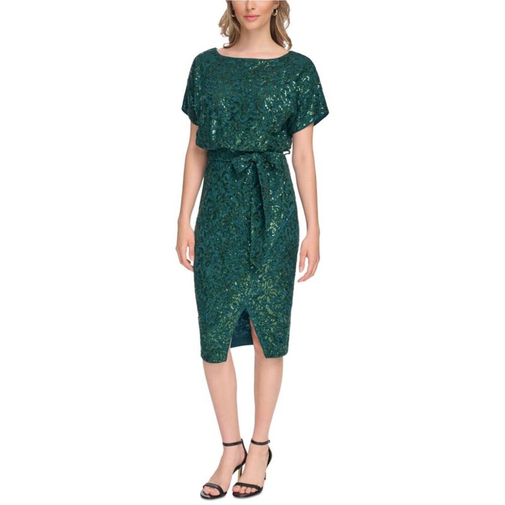 Kensie Womens Lace Sequined Blouson Dress, Green, 4, MP